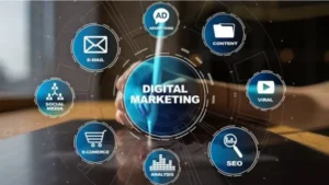Digital marketing strategy showing email, social media, advertising, and SEO
