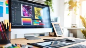 Graphic design workspace with creative designs and color palettes on a computer