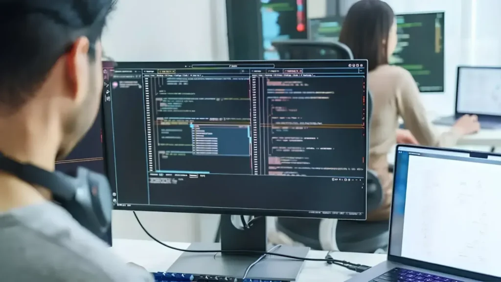 Web developer working with website code on a computer monitor