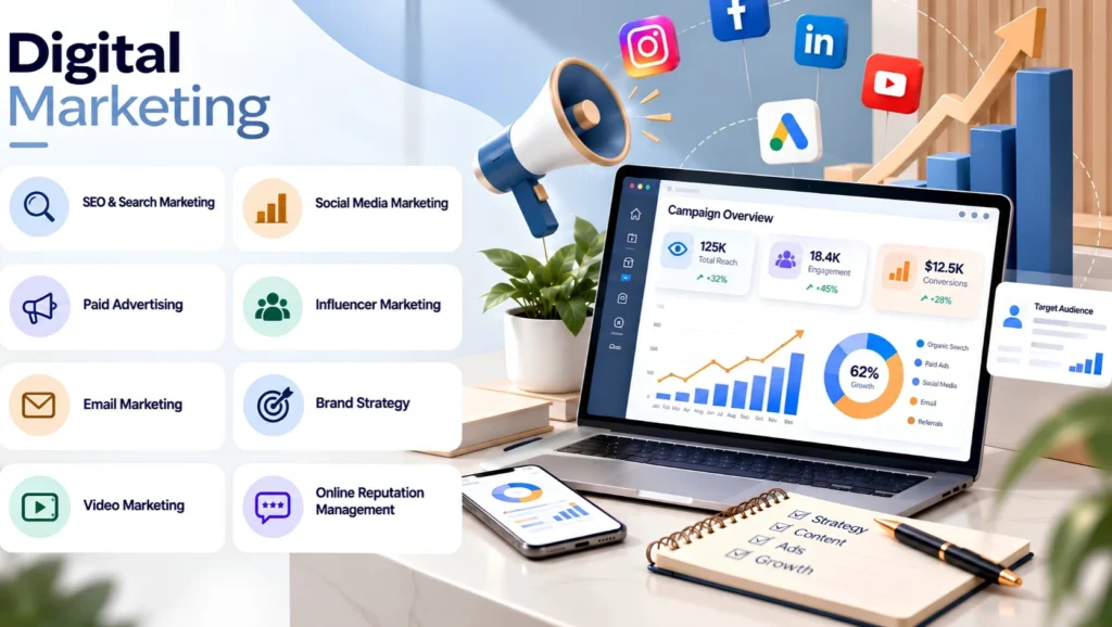Digital marketing campaign dashboard showing SEO, social media, paid ads, email, and performance analytics.