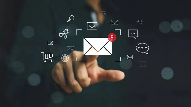 Email marketing campaign with digital communication and email engagement icons.