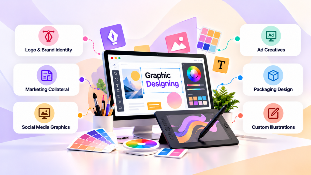 Graphic design process covering brand identity, marketing materials, social media graphics, and custom illustrations.