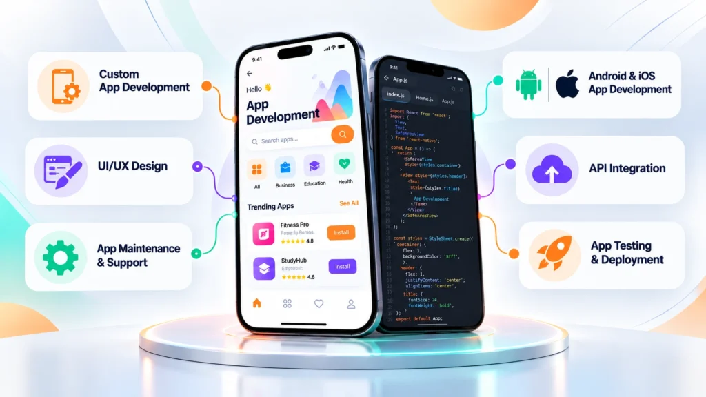 Mobile app development workflow featuring app design, Android and iOS development, testing, and maintenance.