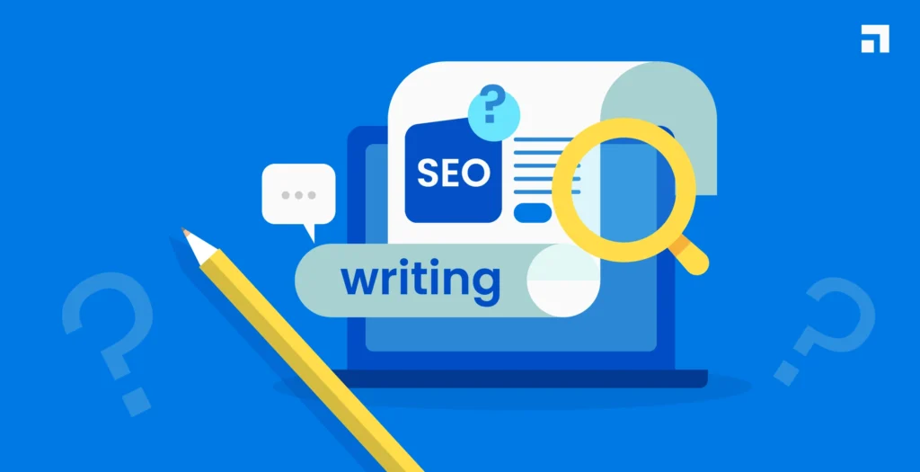 SEO content writing illustration showing keyword research and search optimization.