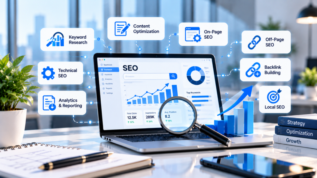 SEO workflow covering keyword research, technical SEO, content optimization, backlinks, and analytics.