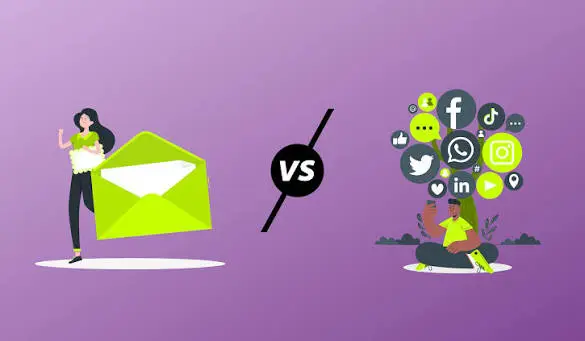 Social media and email marketing illustration showing email communication and social platforms.
