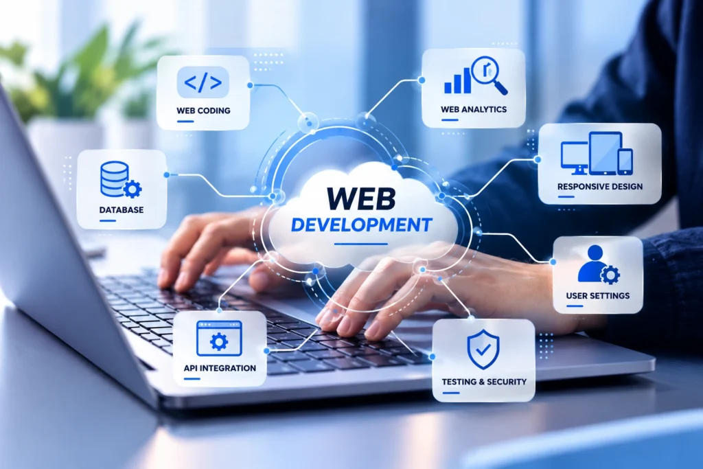 Web development process illustrating coding, responsive design, database integration, testing, and security.