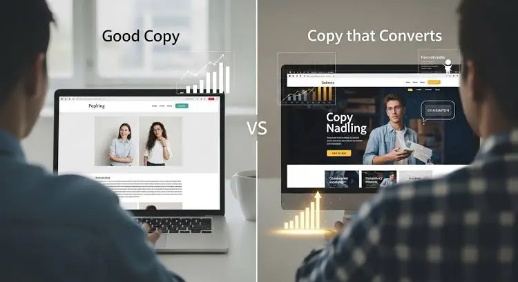 Website and sales copywriting comparison showing different approaches to web content.