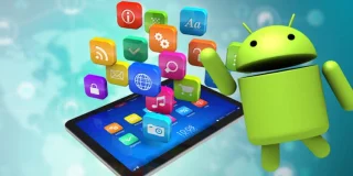 Android app development illustration featuring an Android device and mobile applications.