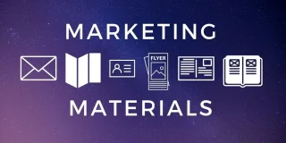 Business and marketing materials including flyers, brochures, business cards, and promotional graphics.